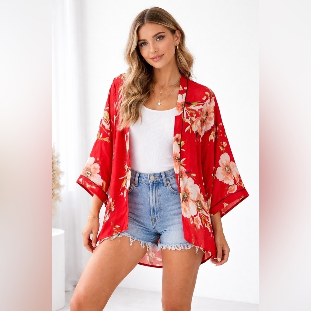 Liberty Love Red Floral Kimono Open Front Lightweight Cardigan Size L